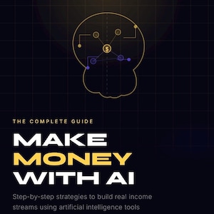 Peut inclure: Une couverture de livre numérique intitulée The Complete Guide Make Money With AI, avec un fond quadrillé sombre, une icône de signe dollar dorée dans un contour de cerveau, et le texte Digital Wealth Series 2026 Edition, Best Seller, et 2026.