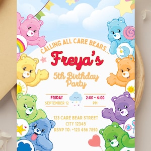Invitación para fiesta de los Osos Cariñositos, cumpleaños para niños, dibujos animados, rosa, amarillo, azul, verde y morado, editable.