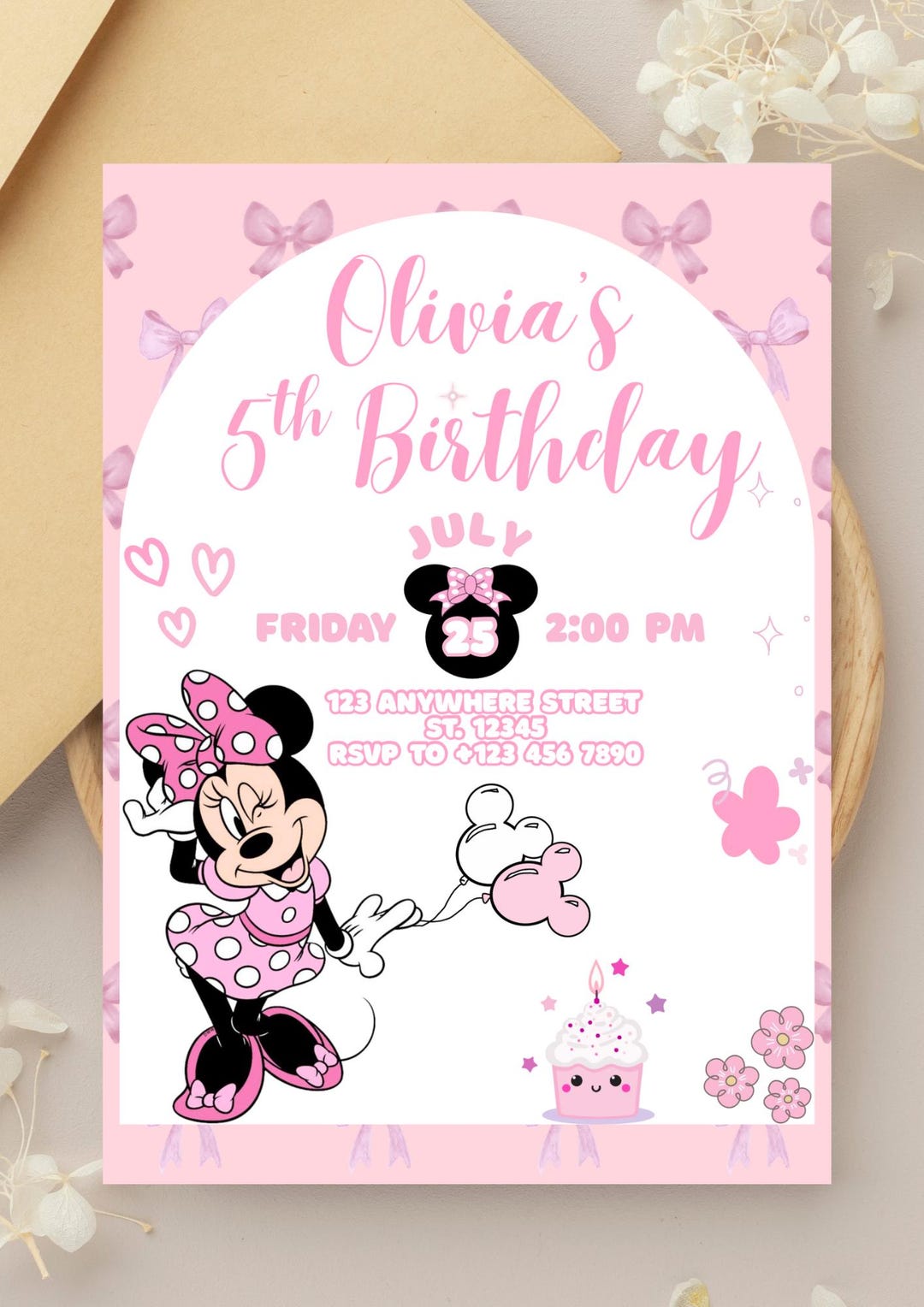 Minnie Mouse Party Invitation Birthday Invite TV Children Pink Black ...