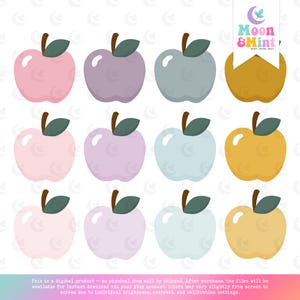 Apple PNG Clipart – Set of 12 Pastel Cute Fruit Illustrations – Digital Apples for Scrapbooking, Planner & Classroom Decor