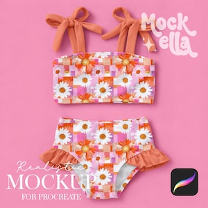 Pode incluir: Um conjunto de biquíni de duas peças com um padrão floral de margaridas em branco, laranja e rosa. A parte de cima tem alças laranja e a parte de baixo tem uma borda com babados. As palavras "Mock Ella" e "Realistic Mockup for Procreate" são visíveis.