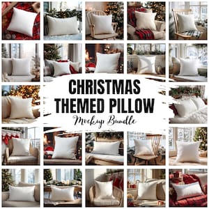 Könnte beinhalten: Eine Sammlung weißer Kissen zum Thema Weihnachten in verschiedenen Formen und Größen. Die Kissen werden in verschiedenen Umgebungen gezeigt, darunter Stühle, Sofas und Betten, mit festlicher Dekoration und Weihnachtsbeleuchtung. Der Text "CHRISTMAS THEMED PILLOW Mockup Bundle" ist sichtbar.