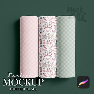 May include: Three rolled fabric mockups in pink gingham, a festive holiday pattern, and green gingham. The text "Realistic MOCKUP FOR PROCREATE" is at the bottom. The image is on a dark green background.