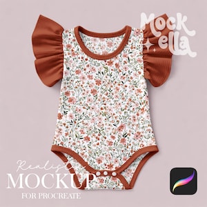 Maqueta de body de bebé con mangas onduladas | Maqueta de mono de bebé con mangas con volantes para Procreate | Descarga de maqueta de ropa para niñas