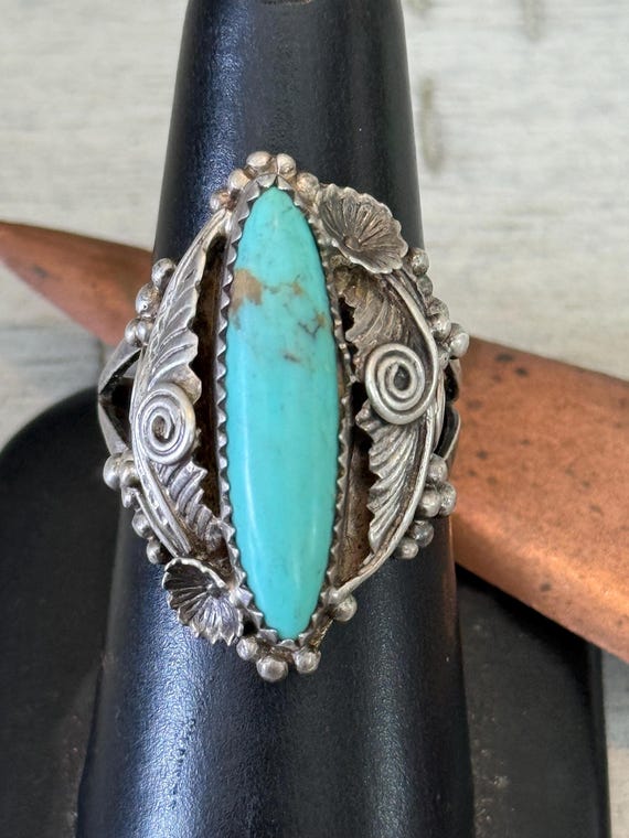 Native American Turquoise Sterling Silver Ring signed FT