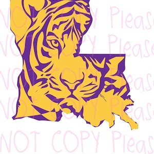 May include: A yellow and purple outline of the state of Louisiana with a tiger's face inside. The tiger's face is facing left and has a purple nose and stripes.