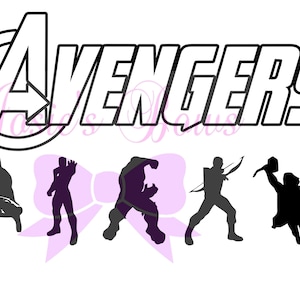 May include: Black and white silhouette of the Avengers logo with the word "Avengers" in bold letters. Below the logo are five black silhouettes of the Avengers characters: Captain America, Iron Man, Hulk, Hawkeye, and Thor.