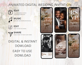 May include: Digital wedding invitation template displayed on smartphones. The design includes photos of a couple, floral backgrounds, and RSVP details. Text includes "You are Cordially Invited," and "Benjamin & Andra."
