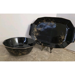 Prato de servir Mikasa Midnight Gold, tigela de porcelana preta dourada, estilo Art Déco formal.