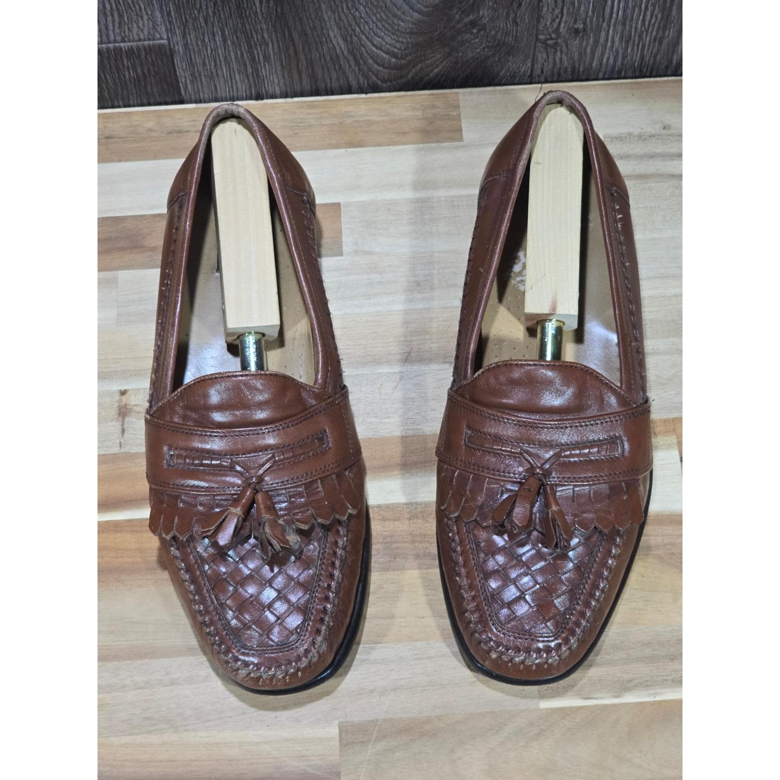 Bass Loafers Woven Leather Tassel Kiltie Slip on 9.5 Brown  display picture 1