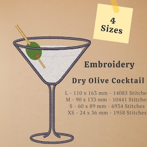 Dry Olive Cocktail Embroidery Design | Classic Cocktail Glass with Olive | Machine Embroidery File