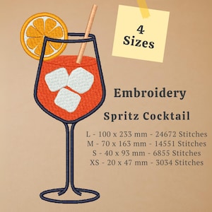 Puede incluir: Un diseño bordado de un cóctel Spritz con una rodaja de naranja y una pajita. El diseño incluye el texto "Embroidery Spritz Cocktail" y "4 Sizes". El tamaño más grande es de 100 x 233 mm.