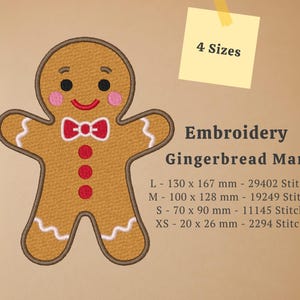 May include: A gingerbread man embroidery design with a red bow tie, buttons, and rosy cheeks. The design is available in four sizes, with the largest measuring 5.1 x 6.6 inches. The image also includes the text "Embroidery Gingerbread Man".