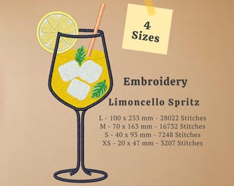 Limoncello Spritz Summer Cocktail Embroidery | Lemon Drink with Ice, Mint & Straw for Your Embroidery Machine | Cocktail Stitch Pattern