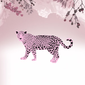 May include: A pink and black leopard illustration on a white background. The leopard is depicted in a walking pose with black spots. The background has a pink watercolour wash with floral accents.