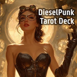 Puede incluir: Baraja de Tarot DieselPunk con ilustraciones de cartas de tarot de inspiración steampunk. Las cartas representan figuras vestidas a la moda victoriana con gafas y elementos mecánicos. La baraja incluye cartas como El Loco, El Mago y La Emperatriz.