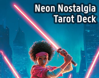 May include: A tarot deck called "Neon Nostalgia" with colourful, stylised illustrations. The cards show figures and scenes with neon and futuristic aesthetics, including "The Fool," "The Magician," and "The High Priestess." The deck's artwork has a retro-futuristic theme.