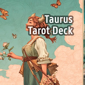 Könnte beinhalten: Taurus Tarot Deck mit Illustrationen einer Frau mit Hörnern, Schmetterlingen und Tarotkartenbildern. Das Deck zeigt eine Frau in einem fließenden Kleid, die Blumen hält, mit dem Text "Taurus Tarot Deck".