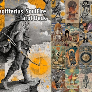 May include: Sagittarius SoulFire Tarot Deck. The image shows a tarot deck with a black and white illustration of a person with a bow and arrow, and a yellow and white background. The deck includes various tarot cards with detailed illustrations.
