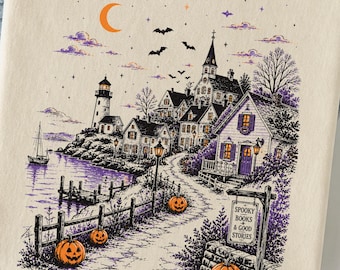 Pueblo costero de Halloween png Estética otoñal vintage de Nueva Inglaterra PNG, Halloween de Cape Cod PNG, Club de lectura espeluznante PNG, Gráfico de puerto embrujado