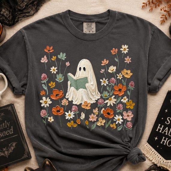 Wildflowers Ghost Reading a Book PNG, Spooky Book Club Graphic, Halloween Book Nerd Png
