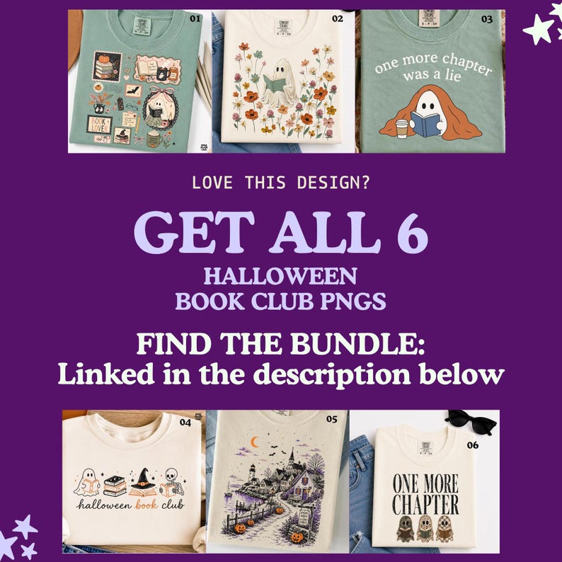 K&ouml;nnte beinhalten: Eine Kollektion von sechs T-Shirts mit Halloween- und buchbezogenen Grafikdesigns. Die Shirts zeigen Illustrationen von Geistern, Skeletten, B&uuml;chern, K&uuml;rbissen und K&uuml;stenszenen mit Texten wie one more chapter was a lie und halloween book club.