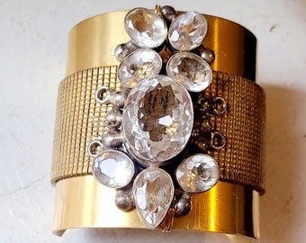 Vintage Solid Brass Cuff with Gorgeous Sterling Silver bezel set Quartz stones ~ Statement Cuff Bracelet ~ Wedding Glam ~ Runway style