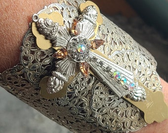 Open Filigree Silver Cuff Bracelet with Gorgeous Antique Miriam Haskell Rhinestone Cross~ Statement Cuff Bracelet ~ Glam ~ Runway style