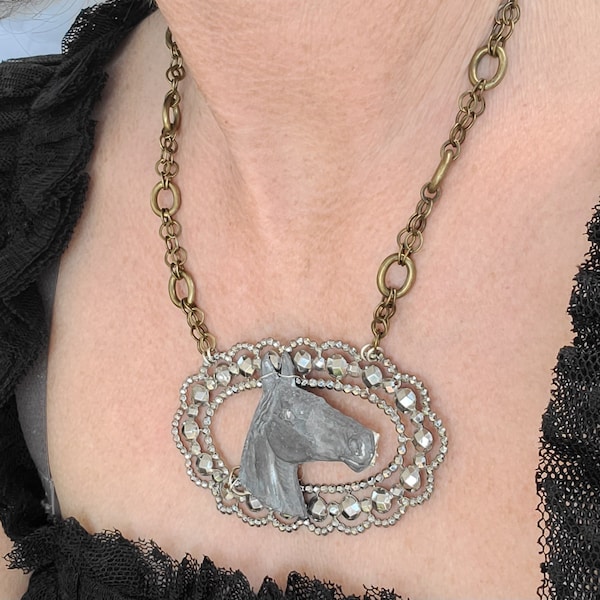 Derby Ready ~ Horse Pendant ~ Horse Statement Jewelry, Vintage Steel Cut Bead Buckle Necklace ~ Pewter Horse Necklace and brass chain