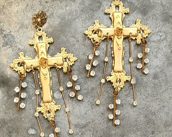 Fabulous Vintage Gold Cross Earrings• Statement • Haskell gold plated Cross Earring with Dramatic hand set Swarovski embellishments