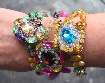 Mardi Gras ~ Vintage Colorful Rhinestone Button Bracelets designed by Vintage Vamp Jewelry