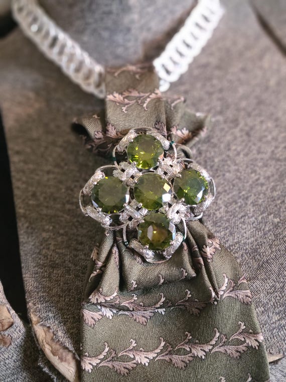 Upcycled Necktie with Vintage Brooch and beaded/Chain Necklace, Steam Punk Adjustable length, Hand Sewn Knot, No re-tie, Collection II View 3