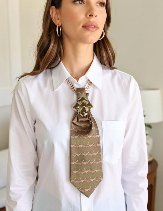 Upcycled Necktie with Vintage Brooch and beaded/Chain Necklace, Steam Punk Adjustable length, Hand Sewn Knot, No re-tie, Collection II