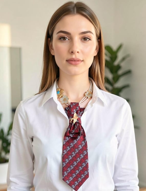 Upcycled Necktie with Vintage Brooch and beaded/Chain Necklace, Steam Punk Adjustable length, Hand Sewn Knot, No re-tie, Collection II View 5