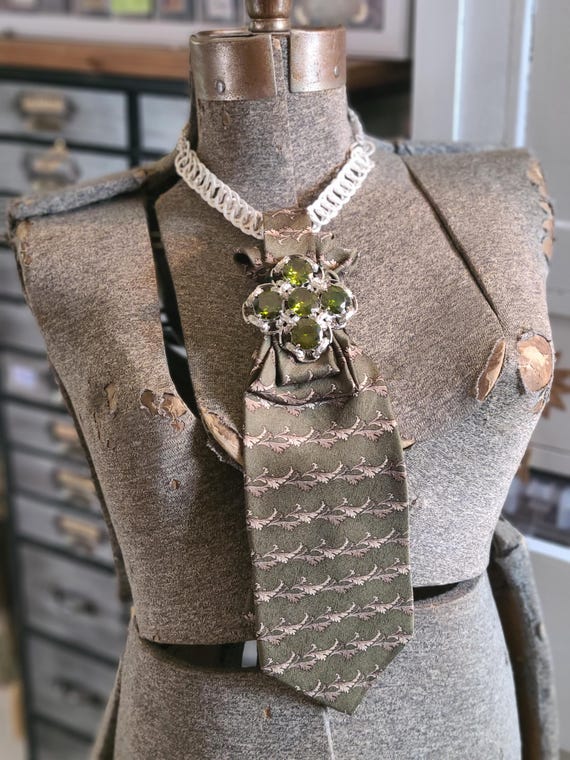 Upcycled Necktie with Vintage Brooch and beaded/Chain Necklace, Steam Punk Adjustable length, Hand Sewn Knot, No re-tie, Collection II View 2