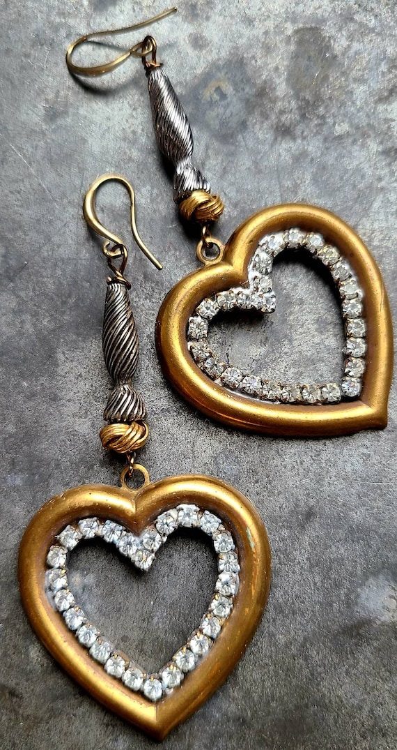 Vintage Rhinestone and Brass Metal Heart Earring w