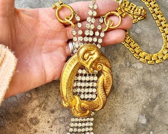 Fabulous Egyptian Revival Style neclace ~ HUGE Antique Rhinestone Pendant Drop ~ Vintage Snake Statement Jewelry ~ Cleopatra would be proud