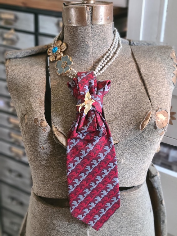 Upcycled Necktie with Vintage Brooch and beaded/Chain Necklace, Steam Punk Adjustable length, Hand Sewn Knot, No re-tie, Collection II View 6
