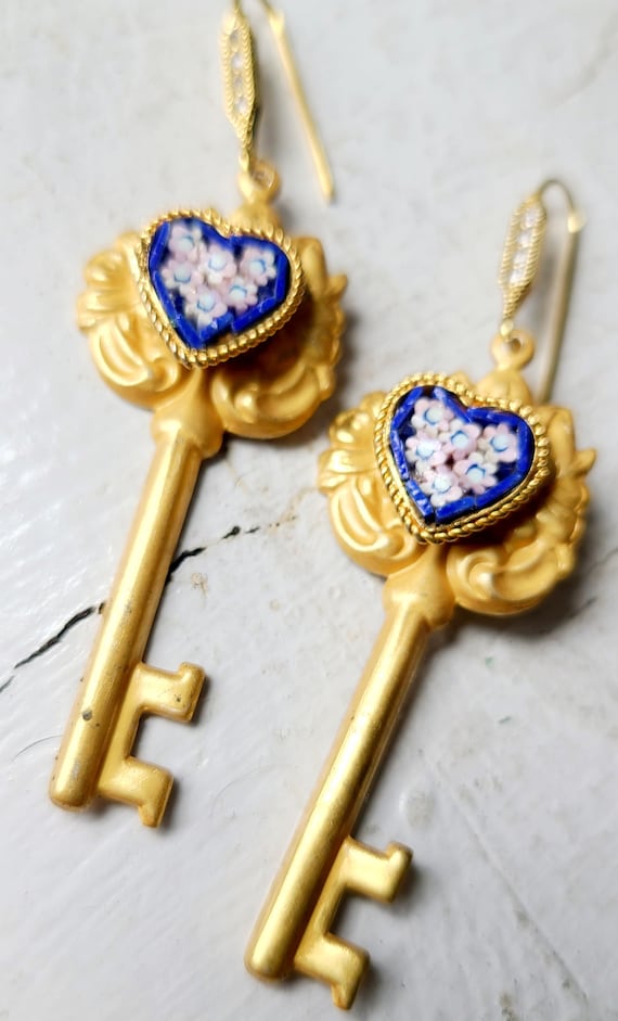 Miriam Haskell Gold Gilt Key Earrings with Antique