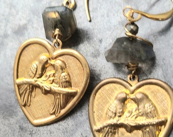 Vintage Brass Heart and Bird Charm Earring ~ Romantic Swallow Earrings ~ 1 sided bright polished brass heart earring ~ 2 styles