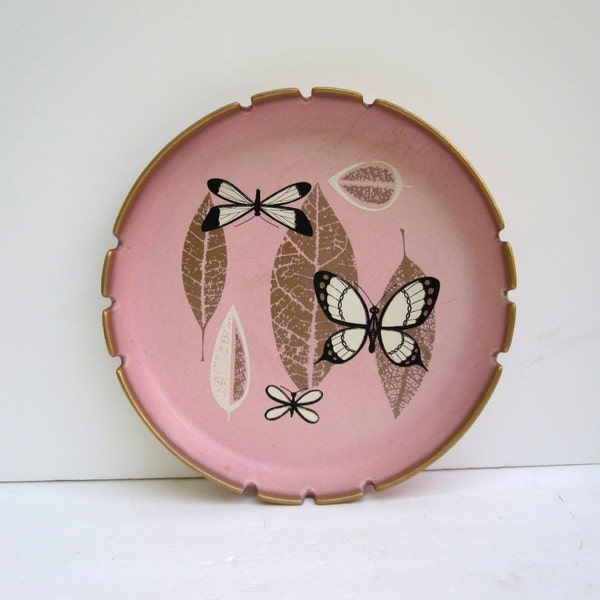 Mid Century Pastel Pink Ashtray Trinket Dish or Bowl - Black and White Butterflies - Extra Large Change Tray