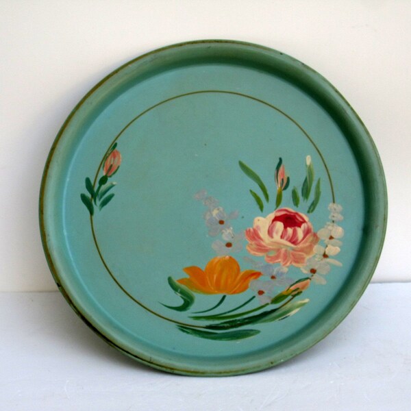 Turquoise Aqua Toleware Tray - Mint Green Floral Serving Tray - Cottage Chic Decor