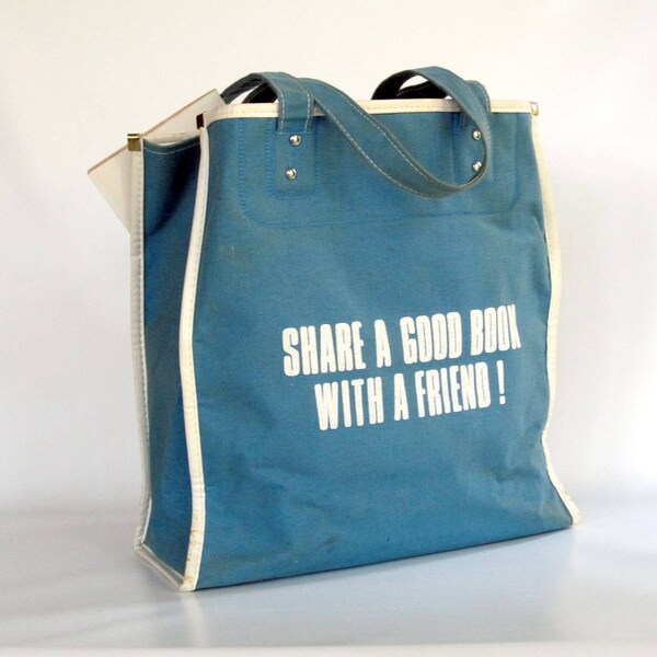 Large Tote Bag - Blue Canvas Travel Tote Book Bag - Share a Good Book with a Friend