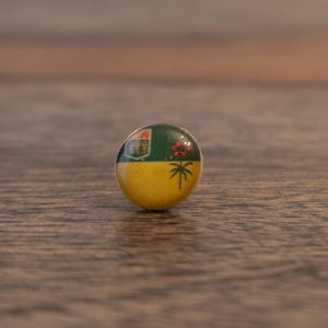 May include: A small, round pin with a glossy finish. The pin features a design with a green upper section, a yellow lower section, and a red flower and palm tree graphic. The pin is set against a blurred wooden background.