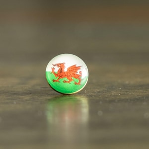 May include: A round pin featuring the Welsh flag. The pin has a gold-colored border and displays the red dragon on a white and green background. The pin is set against a blurred, neutral background.