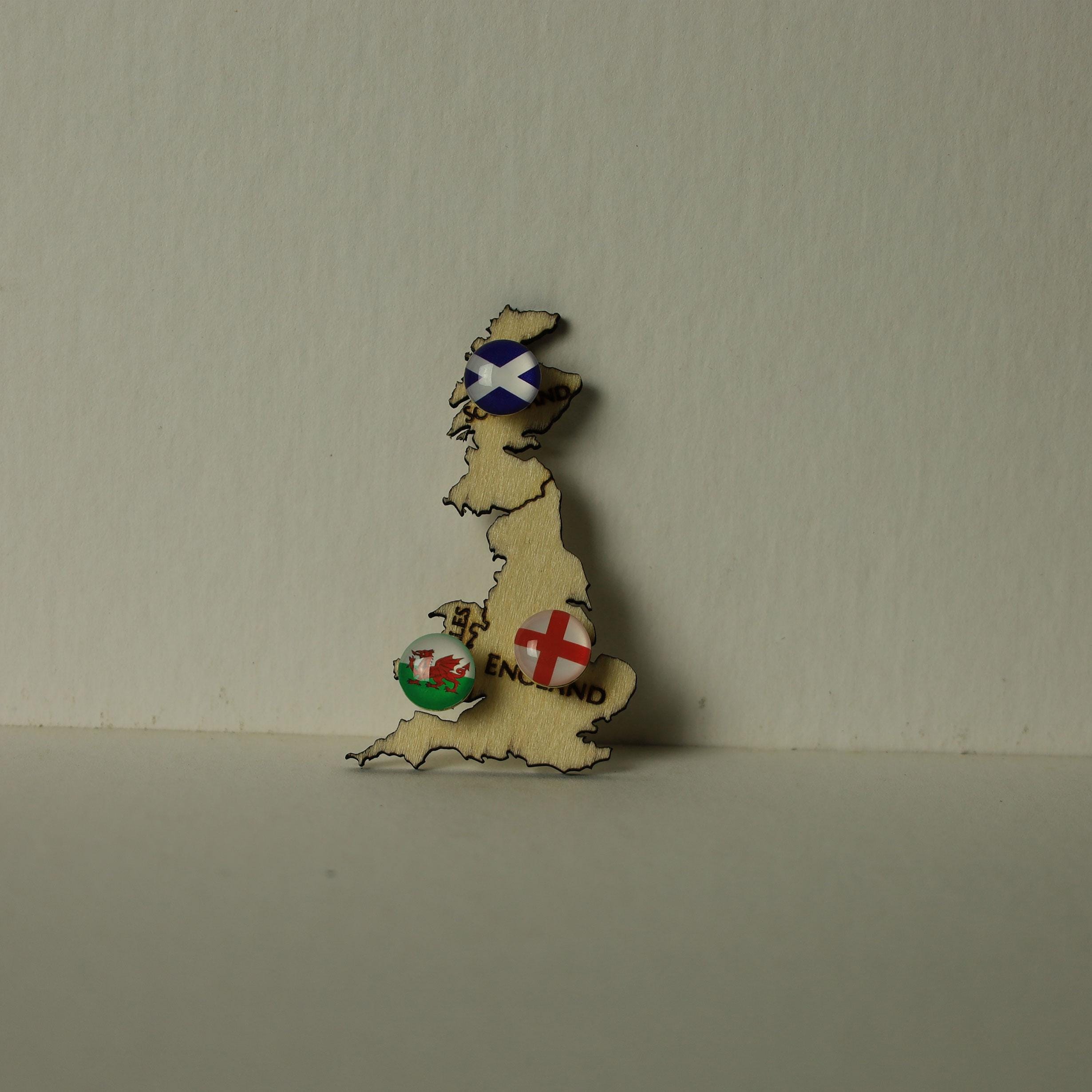 Great Britain Flag Map Pins Set with Wood Cutout | England | Scotland | Wales | UK map pin set with wood map