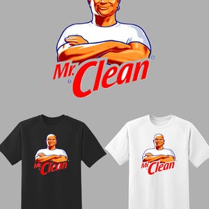 May include: The image features the Mr. Clean logo and two t-shirts. The logo shows a bald man with crossed arms, wearing a white shirt, and the words "Mr. Clean" in red. One shirt is black, the other white, both with the logo.