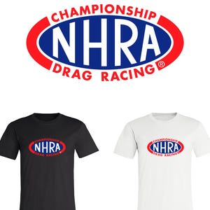 May include: Black and white t-shirts featuring the NHRA Drag Racing logo. The logo is in a red and blue oval with the words "CHAMPIONSHIP" and "DRAG RACING". The shirts are short-sleeved.