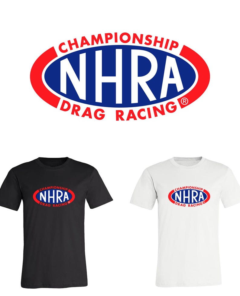 May include: Black and white t-shirts featuring the NHRA Drag Racing logo. The logo is in a red and blue oval with the words "CHAMPIONSHIP" and "DRAG RACING". The shirts are short-sleeved.