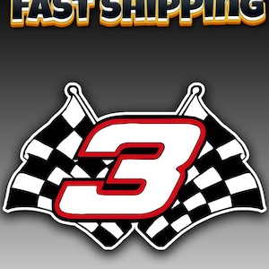 May include: A white number 3 with a red outline, set against a backdrop of two checkered racing flags. The words "FAST SHIPPING" are displayed above the number in a bold, yellow and black font.